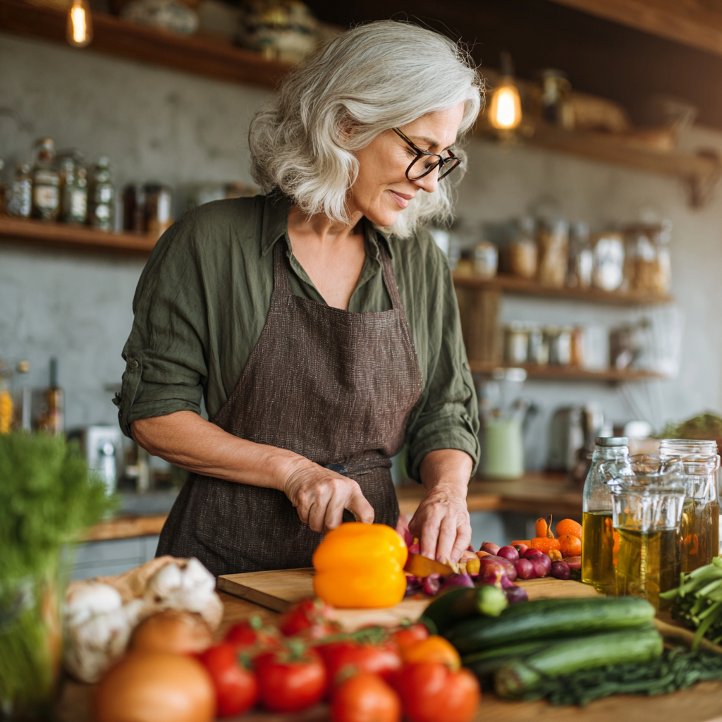 middle-aged woman preparing healthy meal in kitchen with fresh vegetables