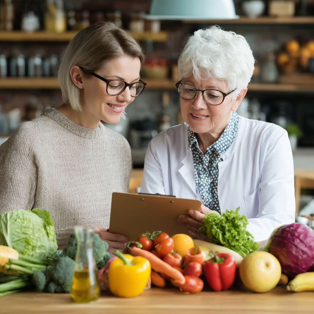 nutritionist consulting with senior woman about healthy meal planning
